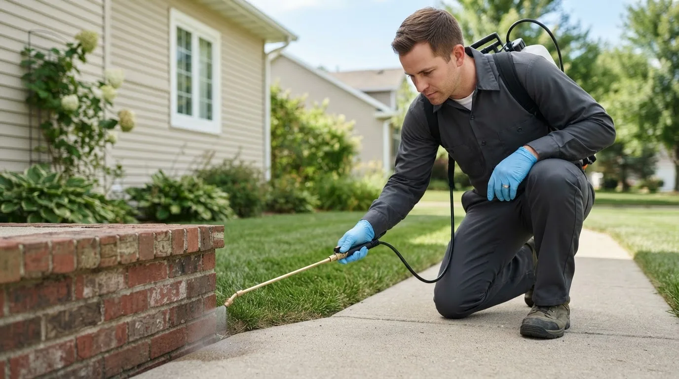 Pest control technician treating a home near Larrabee, IA