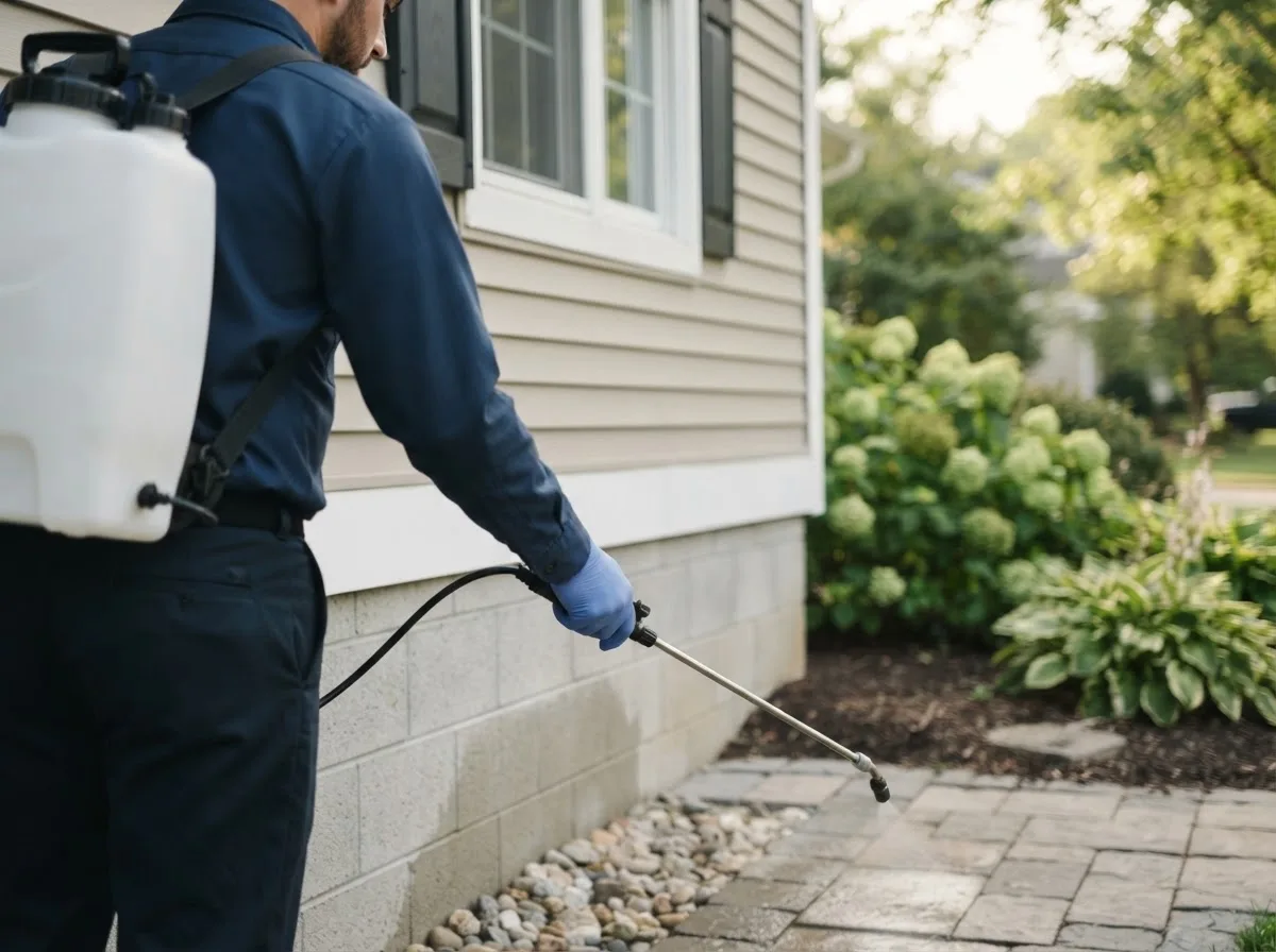 Pest control technician inspecting a home in Larrabee, IA